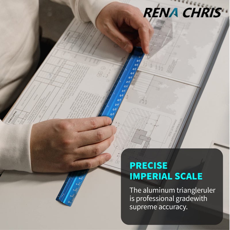 Rena Chris 2PCS Architectural Scale Ruler: 12"" Imperial Aluminum Triangular Scale Ruler, Laser-Etched Architecture Ruler, Drafting & Architect Ruler for Architects, Students, Draftsman(Blue) - Image 5